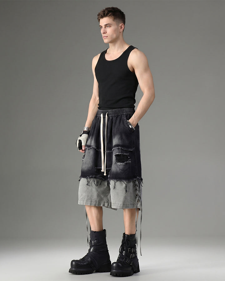 Street-Edge Distressed Frayed Patch Denim Shorts