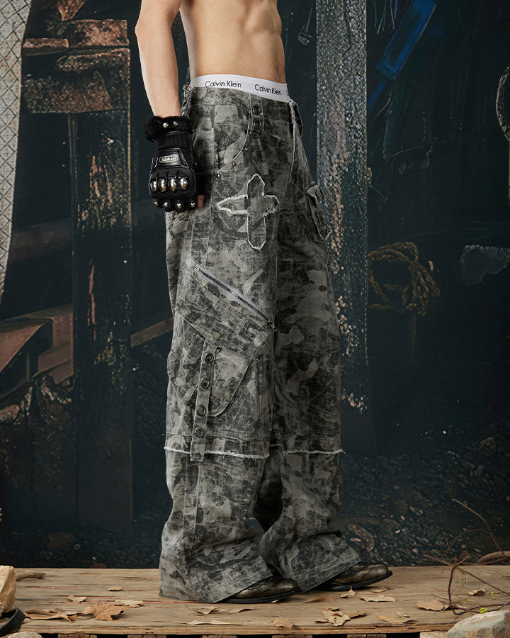 Distressed Tie-Dye Camo Cargo Denim Pants