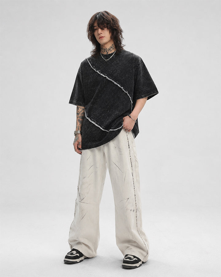 New Dark Grunge Washed Raw Edge Panel Tee