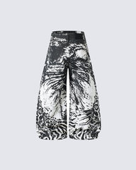 Monochrome Abstract Graphic Wide Leg Denim Pants