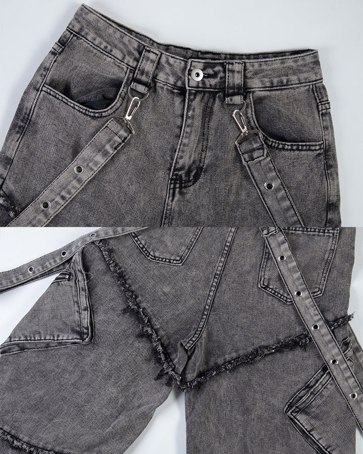 Detachable Strap Dark Heavy Deconstructed Jeans