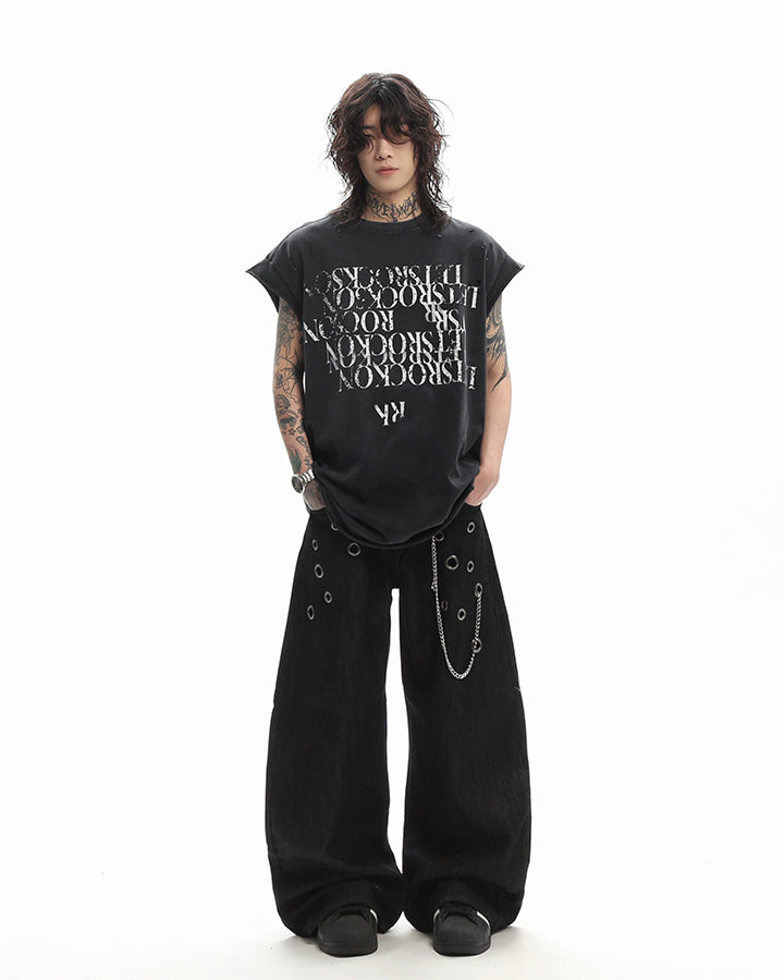 Grunge Washed Raw Edge Sleeveless Graphic Tee