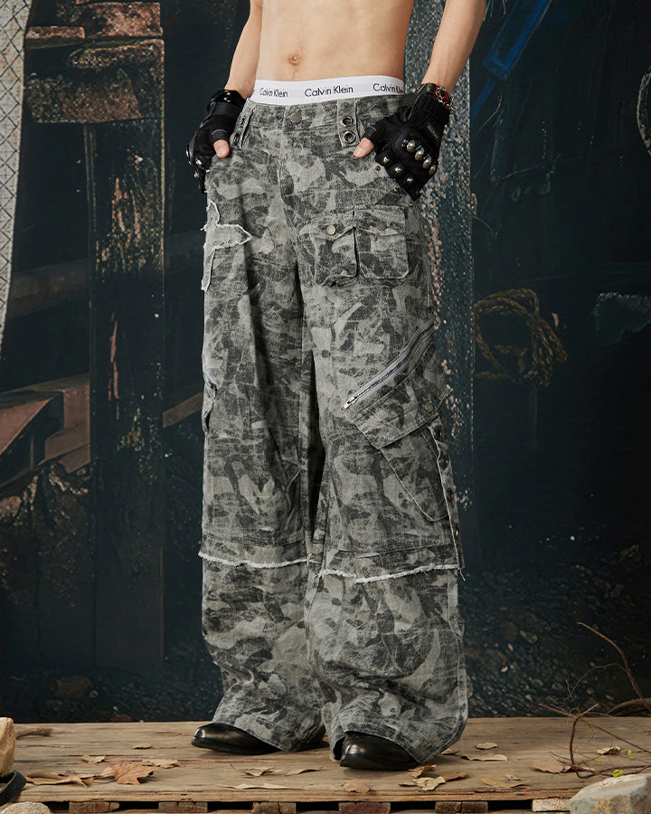 Distressed Tie-Dye Camo Cargo Denim Pants