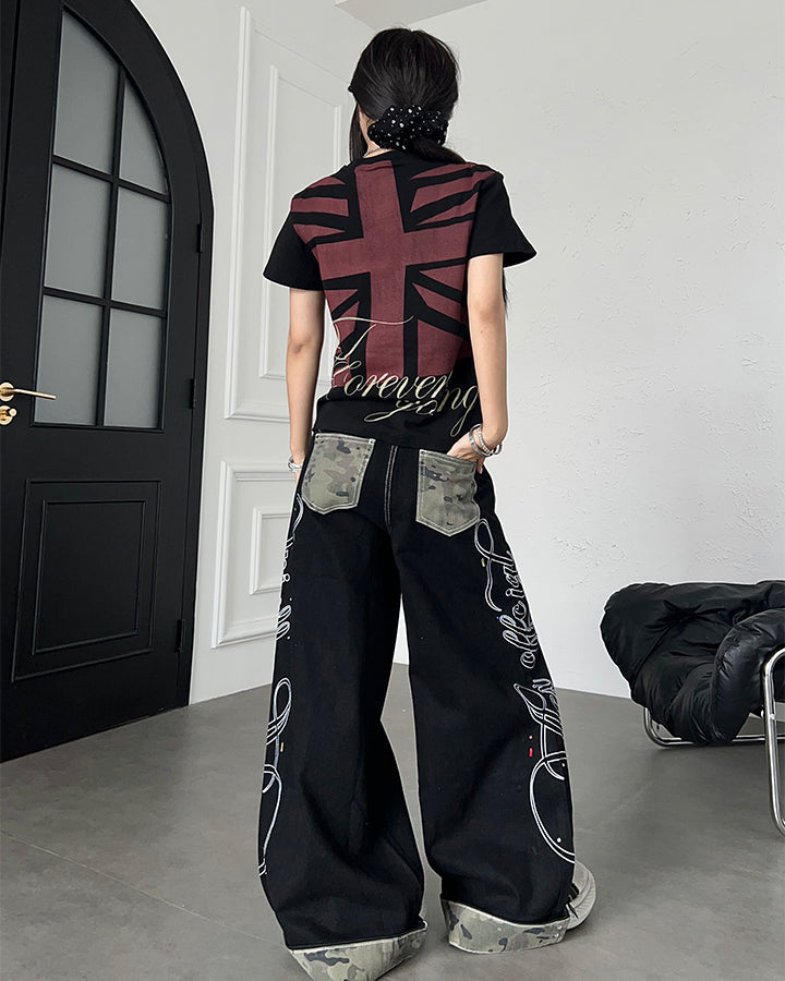 Vintage Camo Panel Wide Leg Denim Pants