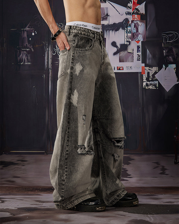 Vintage Street Distressed Washed Curved-Leg Jeans