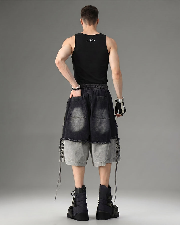 Street-Edge Distressed Frayed Patch Denim Shorts