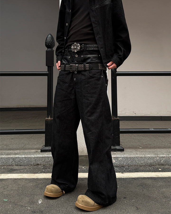 Rivet Patchwork Leather Panel Denim Pants