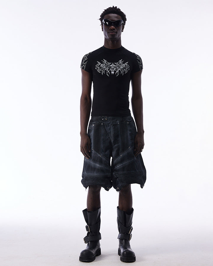 Dark Techwear Elastic-Waist Deconstructed Shorts