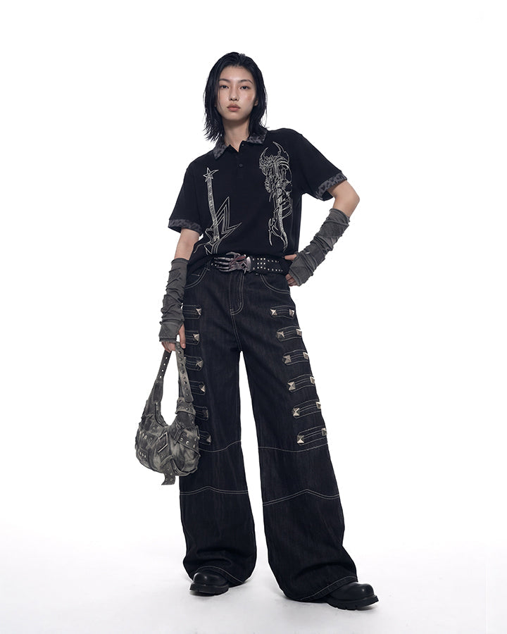 Dark Punk Leopard-Collar Graphic Polo Shirt