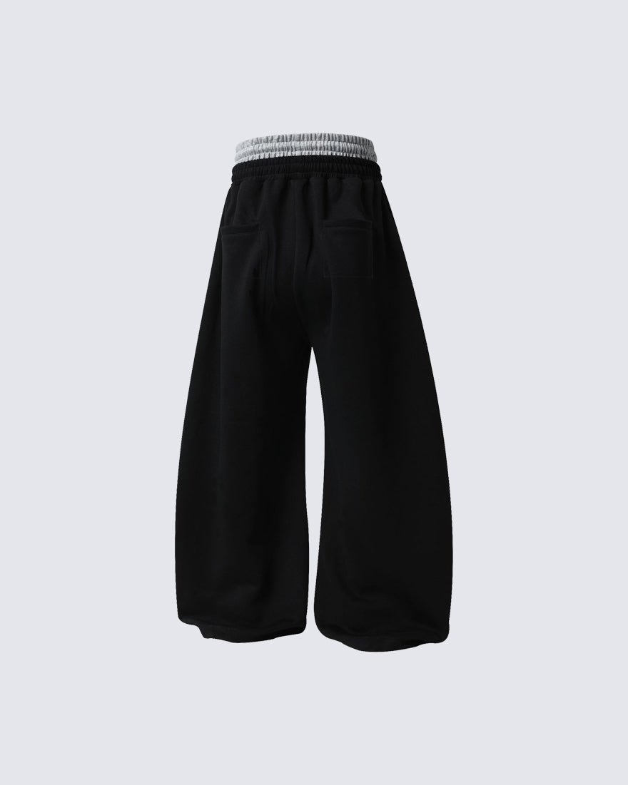 Double Waistband Number Patch Wide Leg Sweatpants