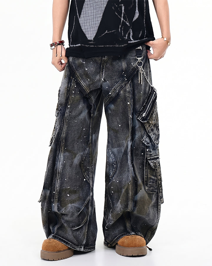 Heavy Washed Ink-Splatter Deconstructed Denim Jeans