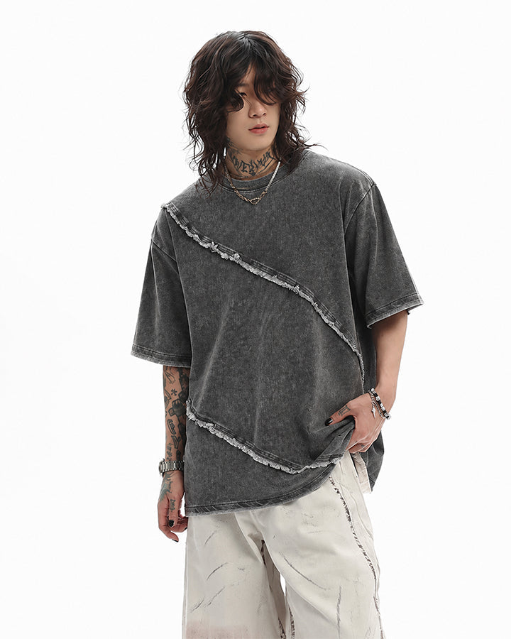 New Dark Grunge Washed Raw Edge Panel Tee