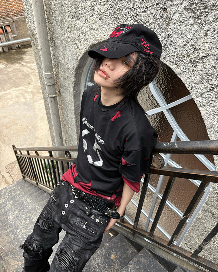 Dark Distressed Layered Streetwear T-Shirt New