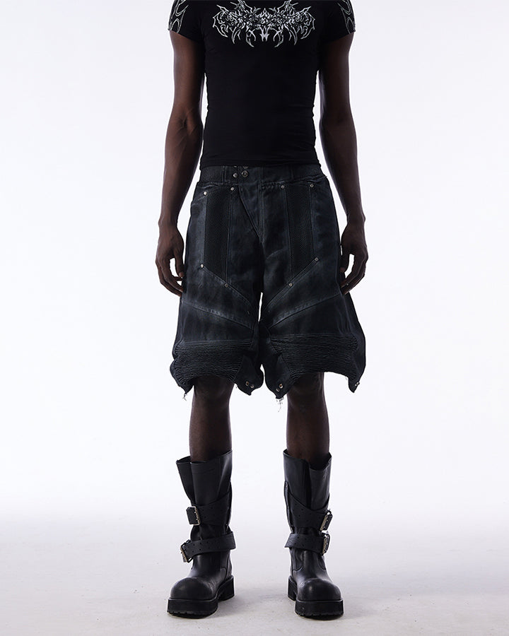 Dark Techwear Elastic-Waist Deconstructed Shorts