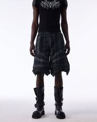 Dark Techwear Elastic-Waist Deconstructed Shorts