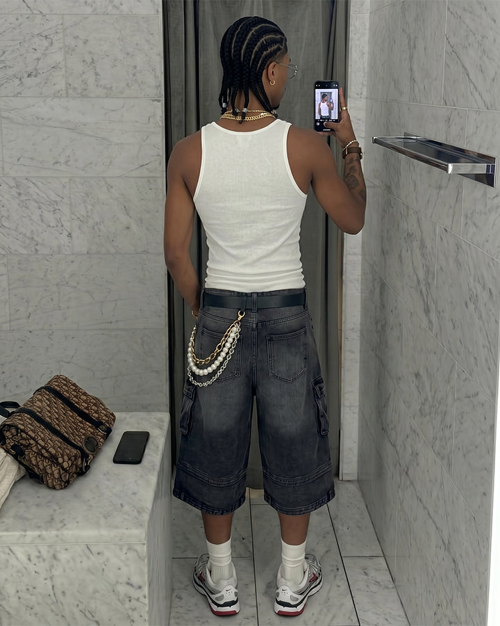 American Inverted Design Washed Cargo Denim Shorts