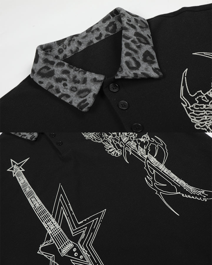 Dark Punk Leopard-Collar Graphic Polo Shirt