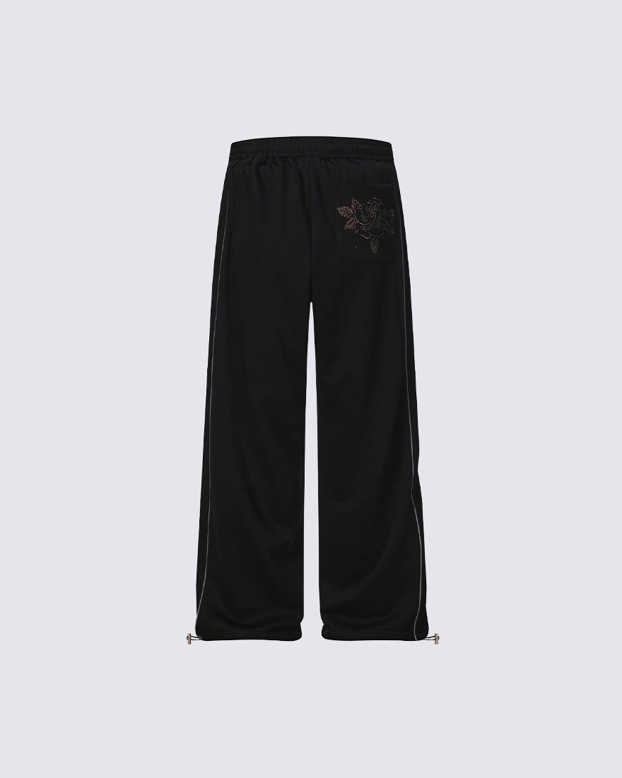 Y2K Dark Dragon Rose Rhinestone Straight Leg Sweatpants