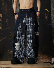New Layered Plaid Cargo Wide-Leg Pants