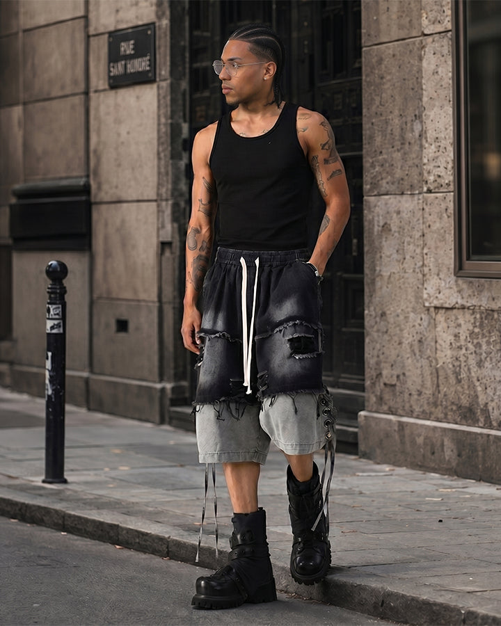 Street-Edge Distressed Frayed Patch Denim Shorts