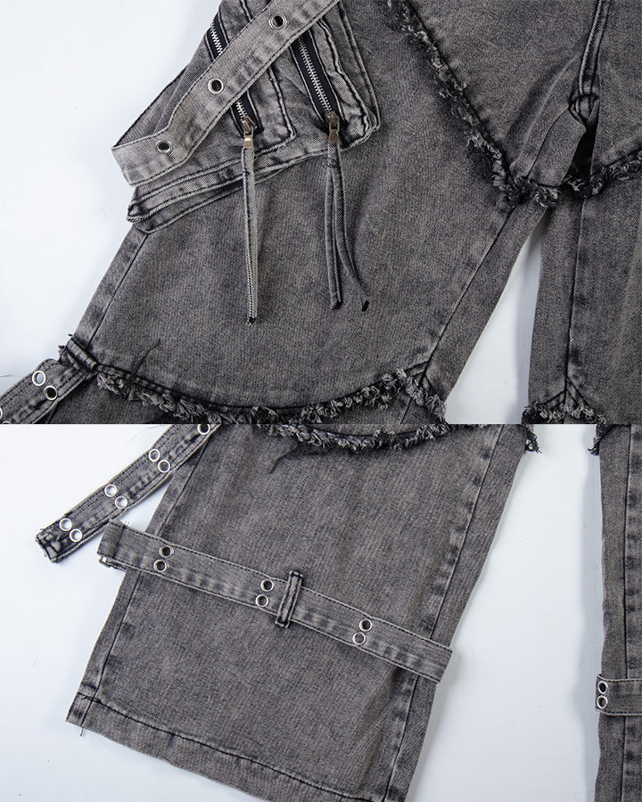 Detachable Strap Dark Heavy Deconstructed Jeans