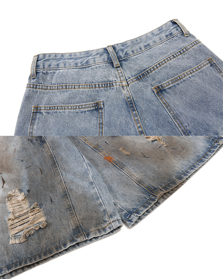 American Retro Distressed Cargo Denim Shorts