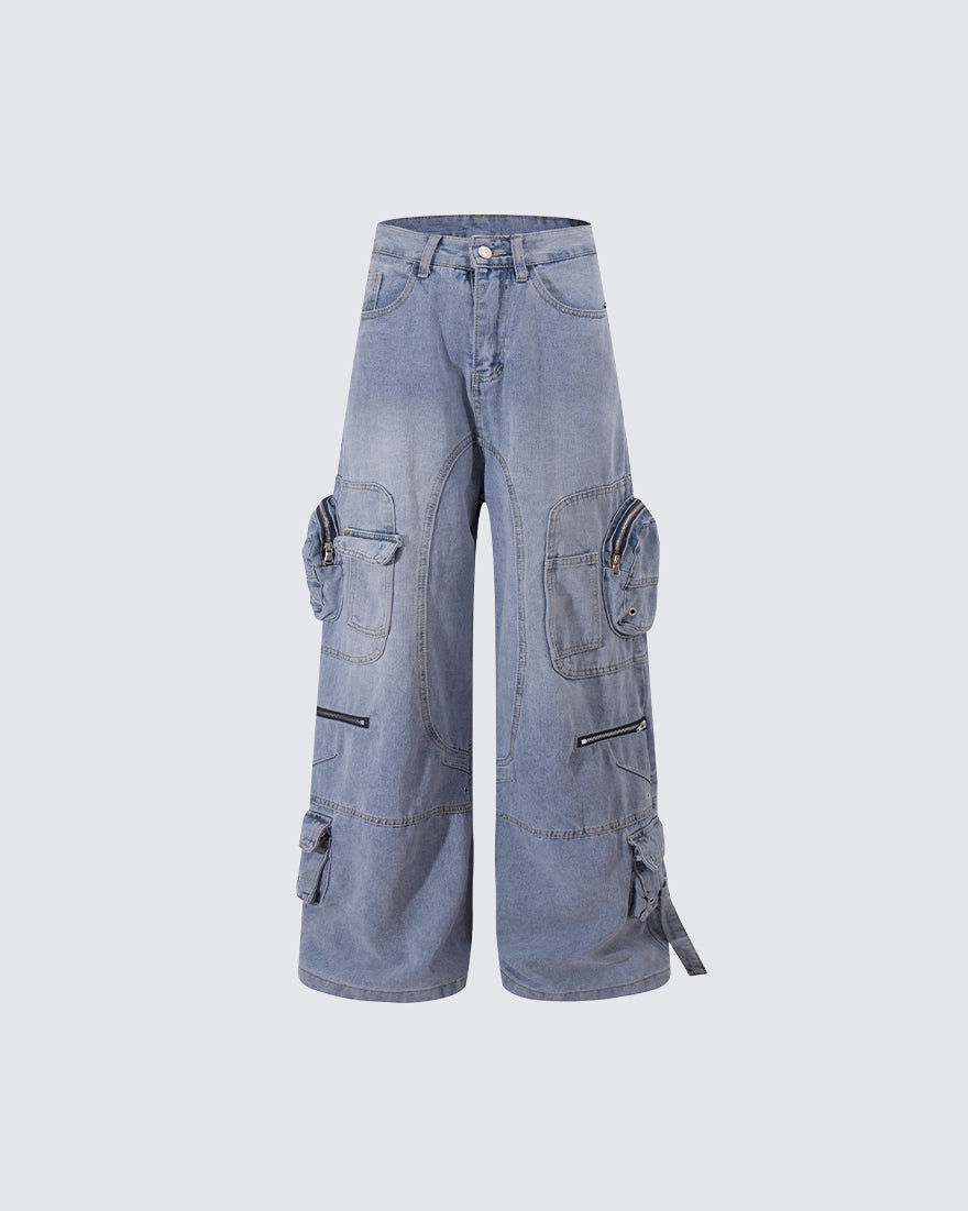 High-Street Multi-Pocket Straight-Leg Denim Pants