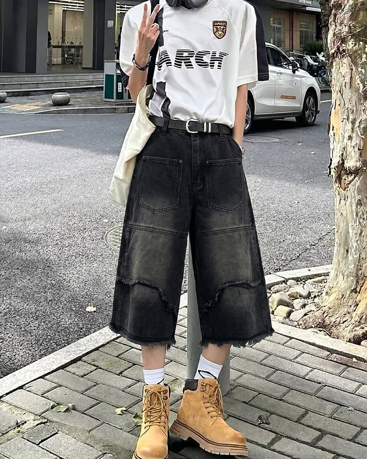 American Vintage Frayed Panel Denim Shorts