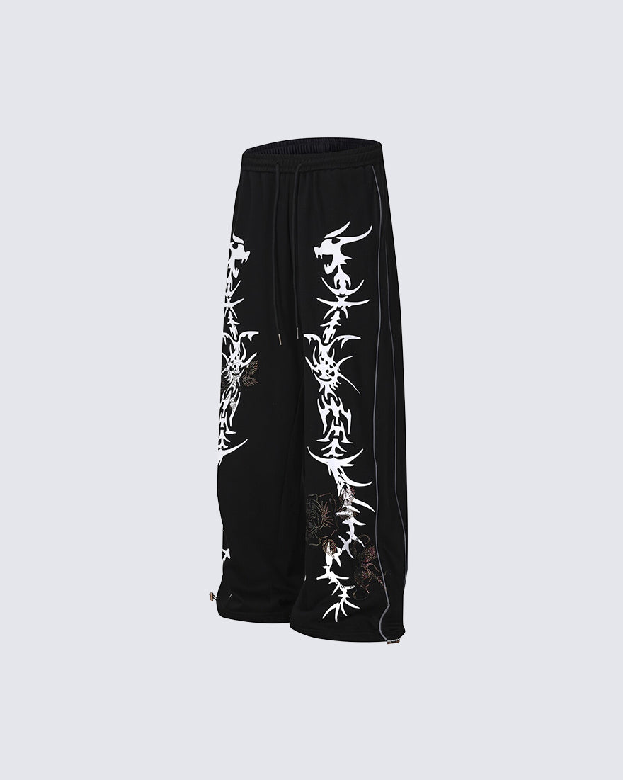 Y2K Dark Dragon Rose Rhinestone Straight Leg Sweatpants
