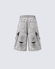 Vintage Distressed Loose Denim Cargo Shorts