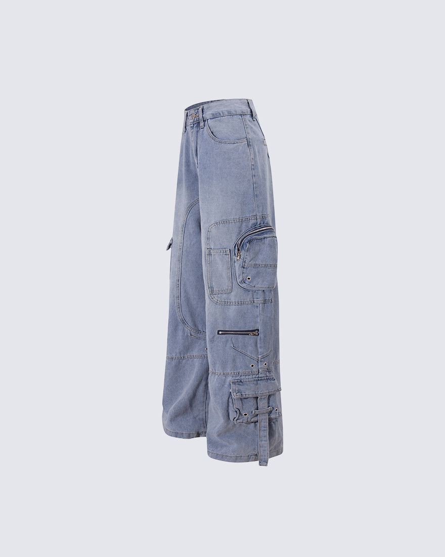 High-Street Multi-Pocket Straight-Leg Denim Pants