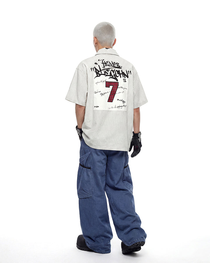Y2K Embroidered Patch Print Turn-Down Short Sleeve Shirt