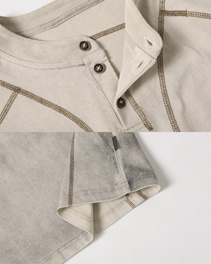 Utility Vintage Contrast Stitch Button Henley New Tee