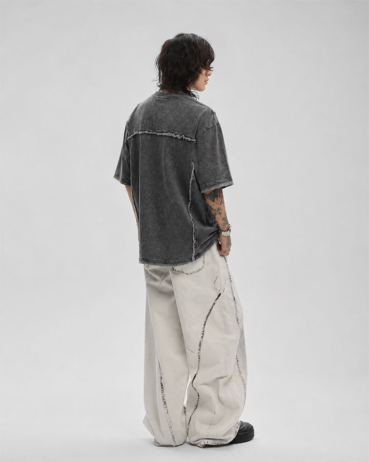 New Dark Grunge Washed Raw Edge Panel Tee