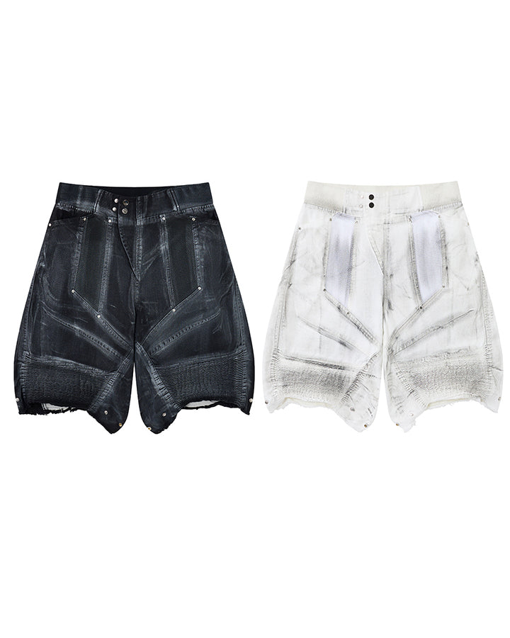 Dark Techwear Elastic-Waist Deconstructed Shorts