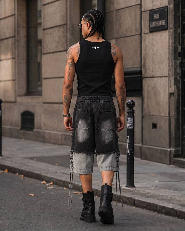 Street-Edge Distressed Frayed Patch Denim Shorts