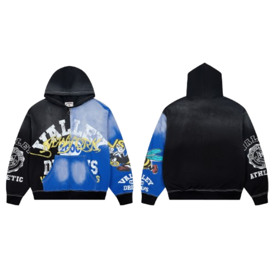 Vale Forever New York Bee Cartoon Patchwork Zip‑Up Hoodie Black Blue Gradient