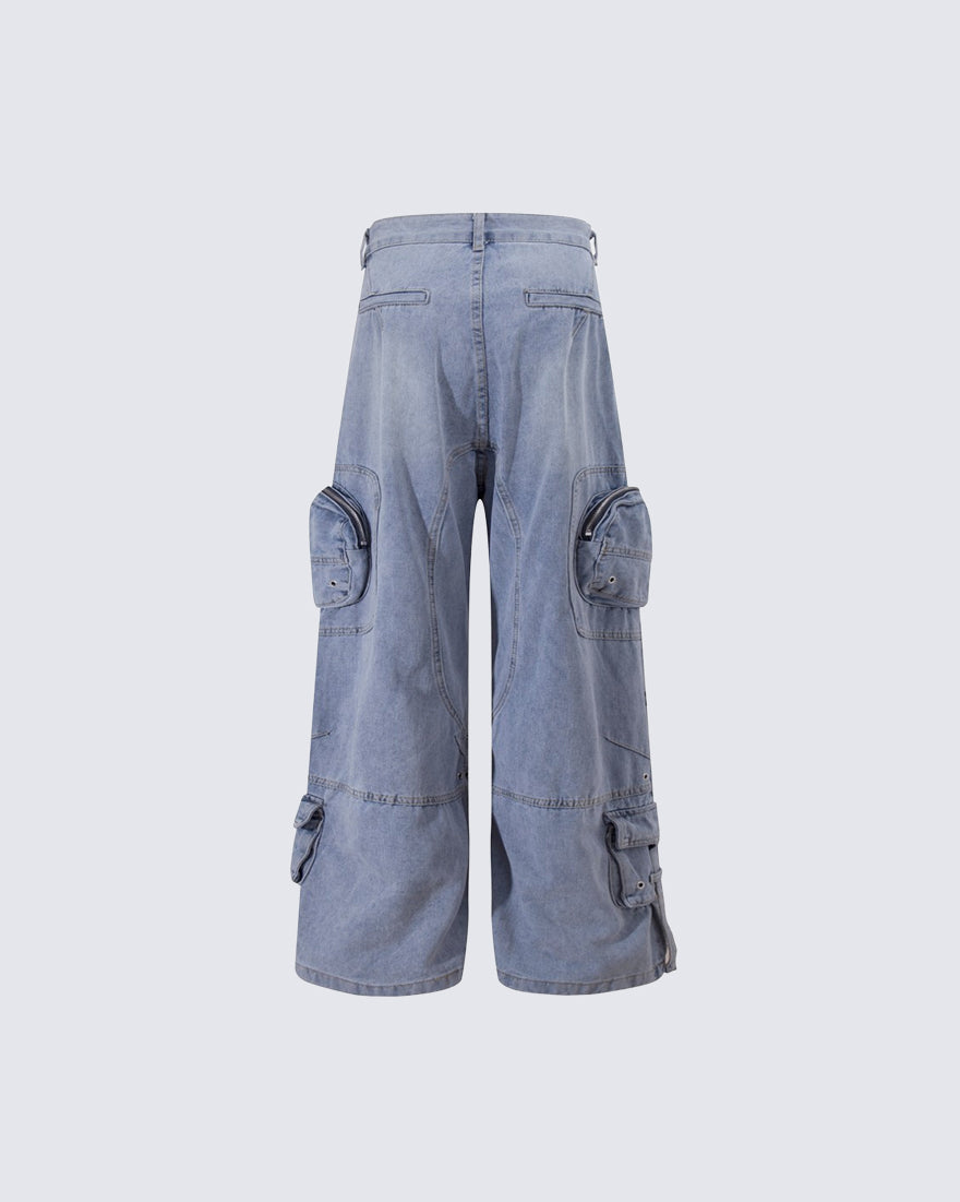 High-Street Multi-Pocket Straight-Leg Denim Pants