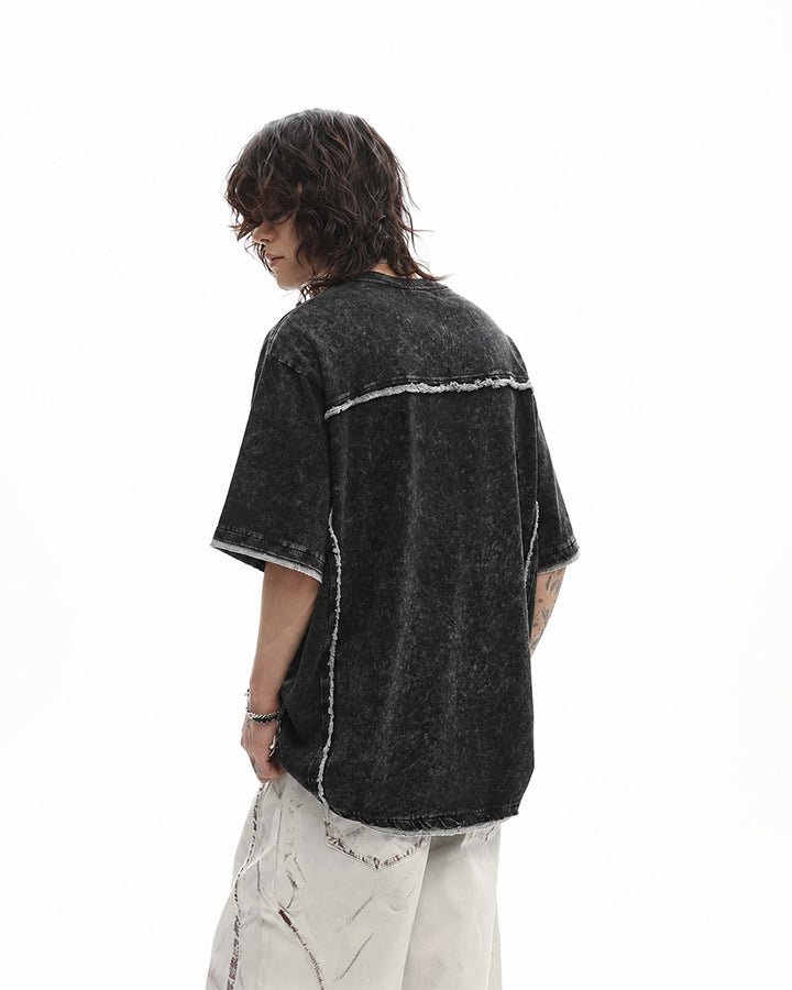 New Dark Grunge Washed Raw Edge Panel Tee