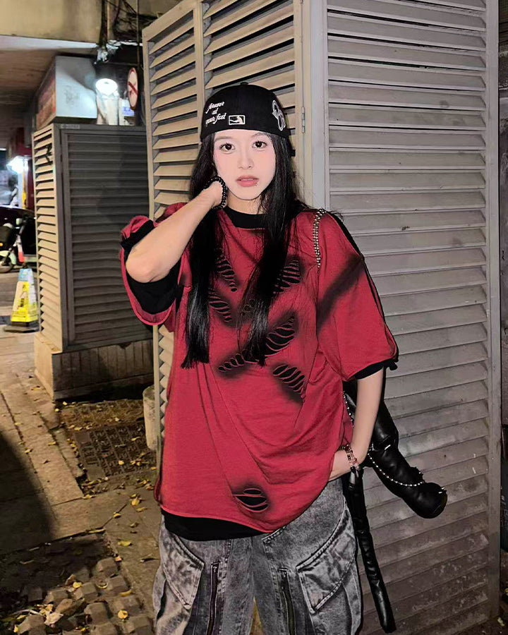 Spray Paint Distressed Layered Streetwear T-Shirt