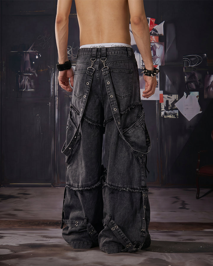 Detachable Strap Dark Heavy Deconstructed Jeans