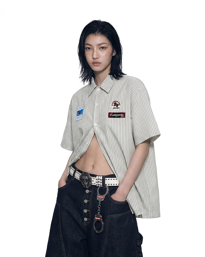 Y2K Embroidered Patch Print Turn-Down Short Sleeve Shirt