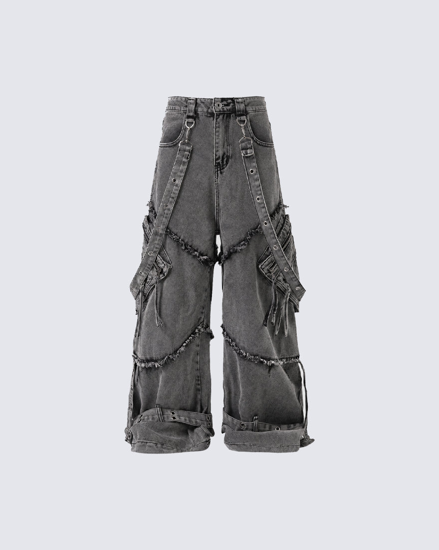 Detachable Strap Dark Heavy Deconstructed Jeans