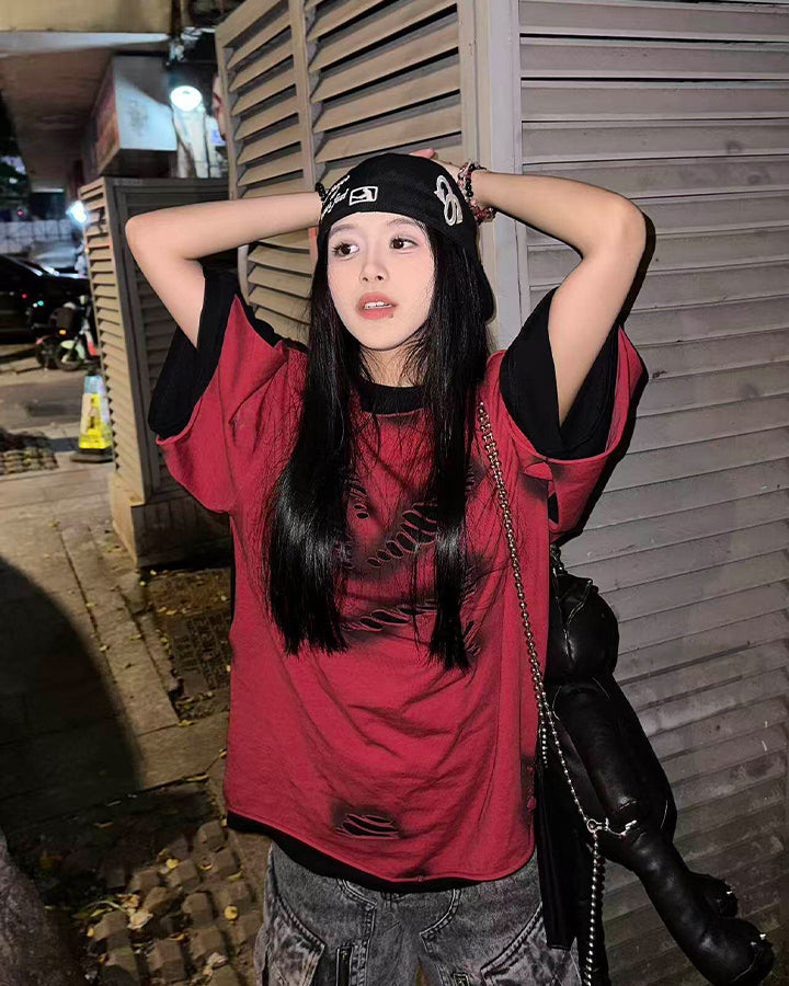 Spray Paint Distressed Layered Streetwear T-Shirt