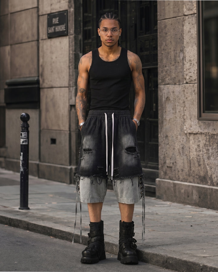 Street-Edge Distressed Frayed Patch Denim Shorts