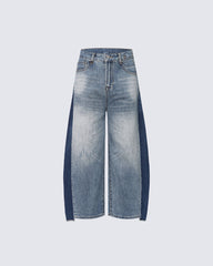 Spring Contrast Panel Wide-Leg Denim Jeans