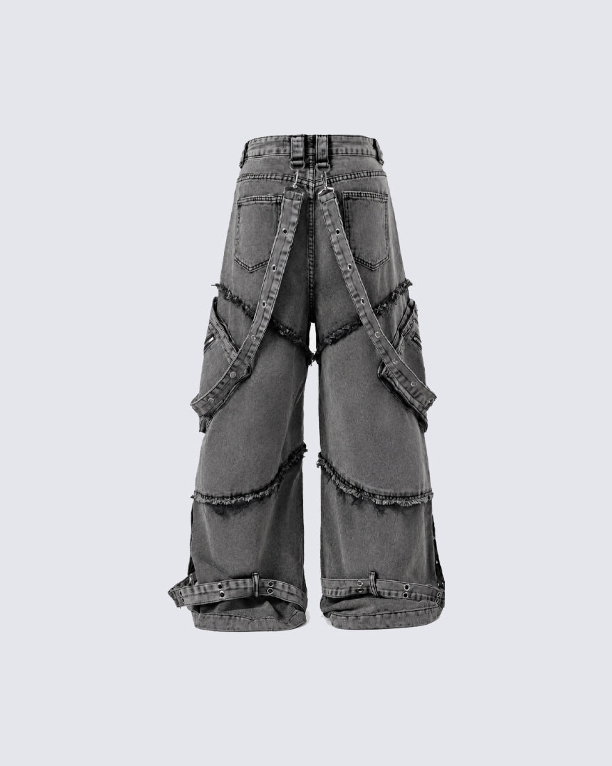Detachable Strap Dark Heavy Deconstructed Jeans