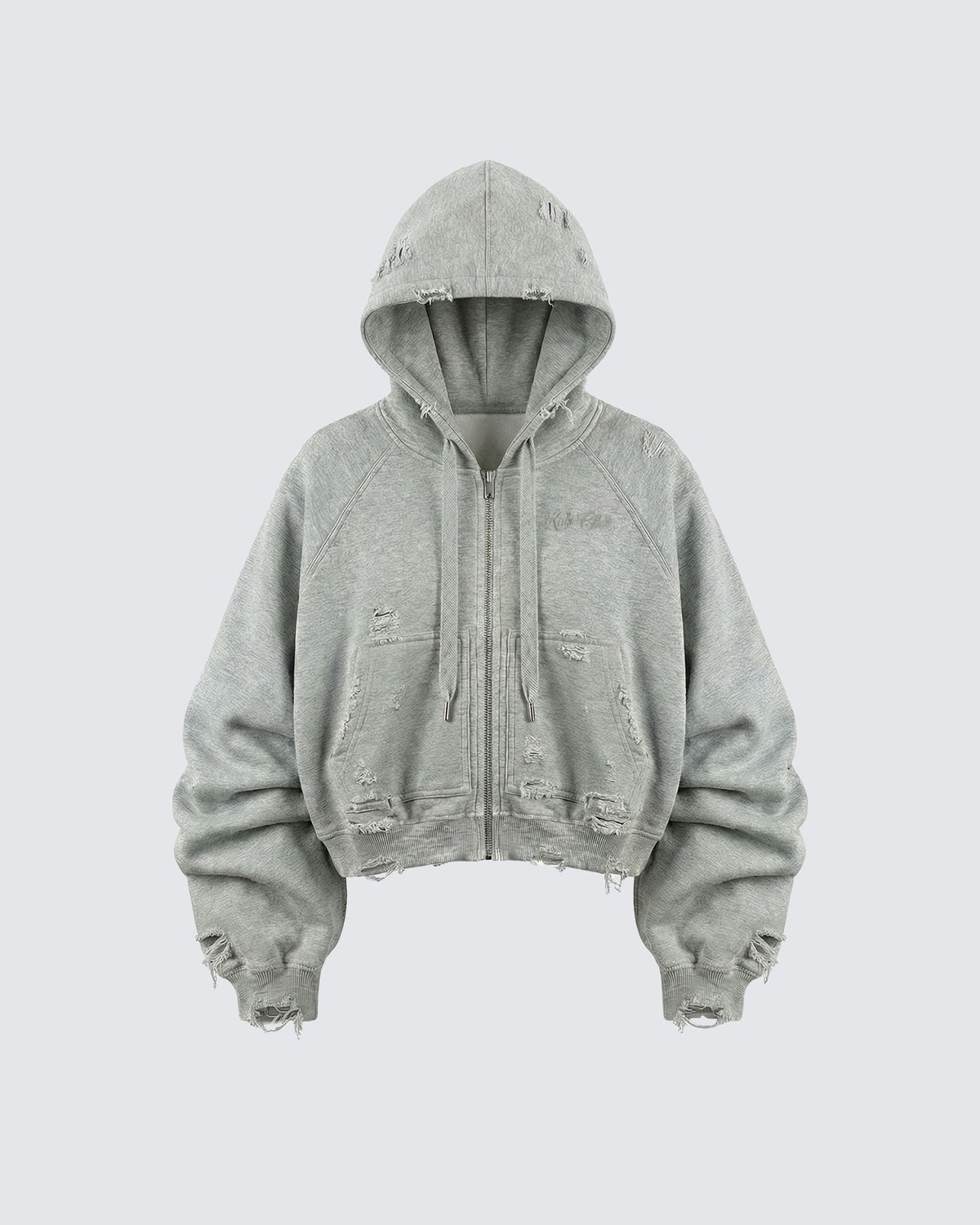 LOW SATURATION-Distressed Cropped Zip-Up Hoodie