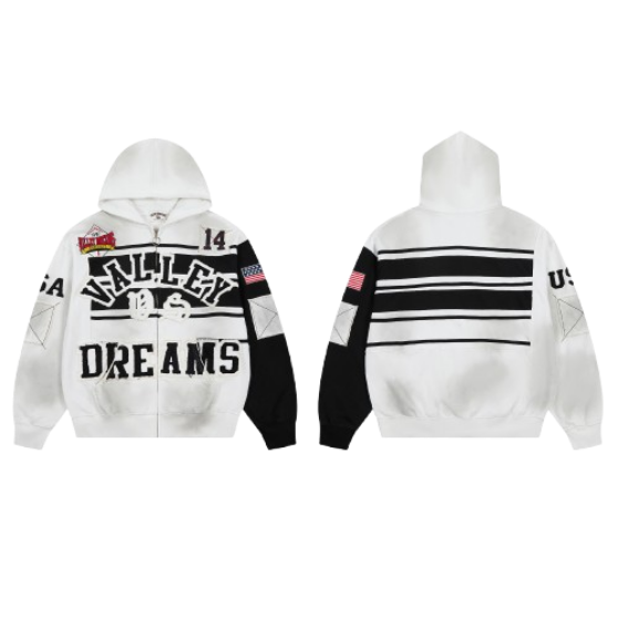 Vale Forever Valley Dreams USA Patchwork Zip‑Up Hoodie White Black