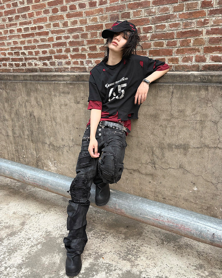 Dark Distressed Layered Streetwear T-Shirt New